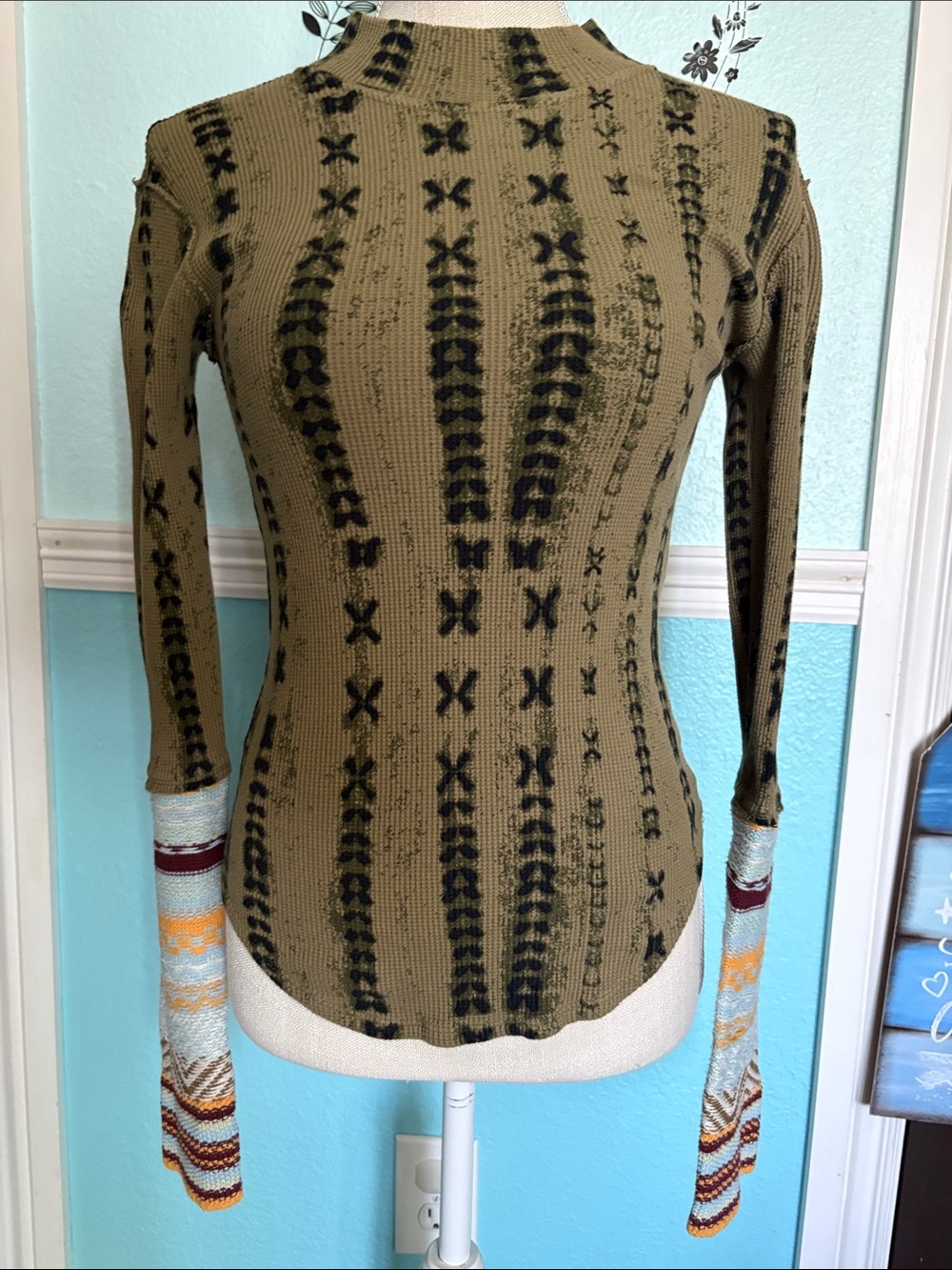 Free People Olive Patterned Knit Long-Sleeve Top